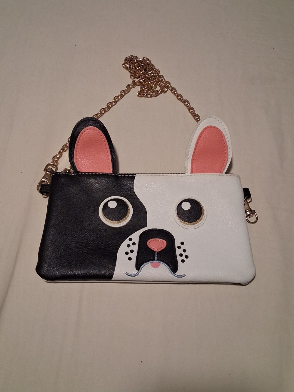 Novelty Black & White Dog Crossbody Bag with Pink Ear Accents